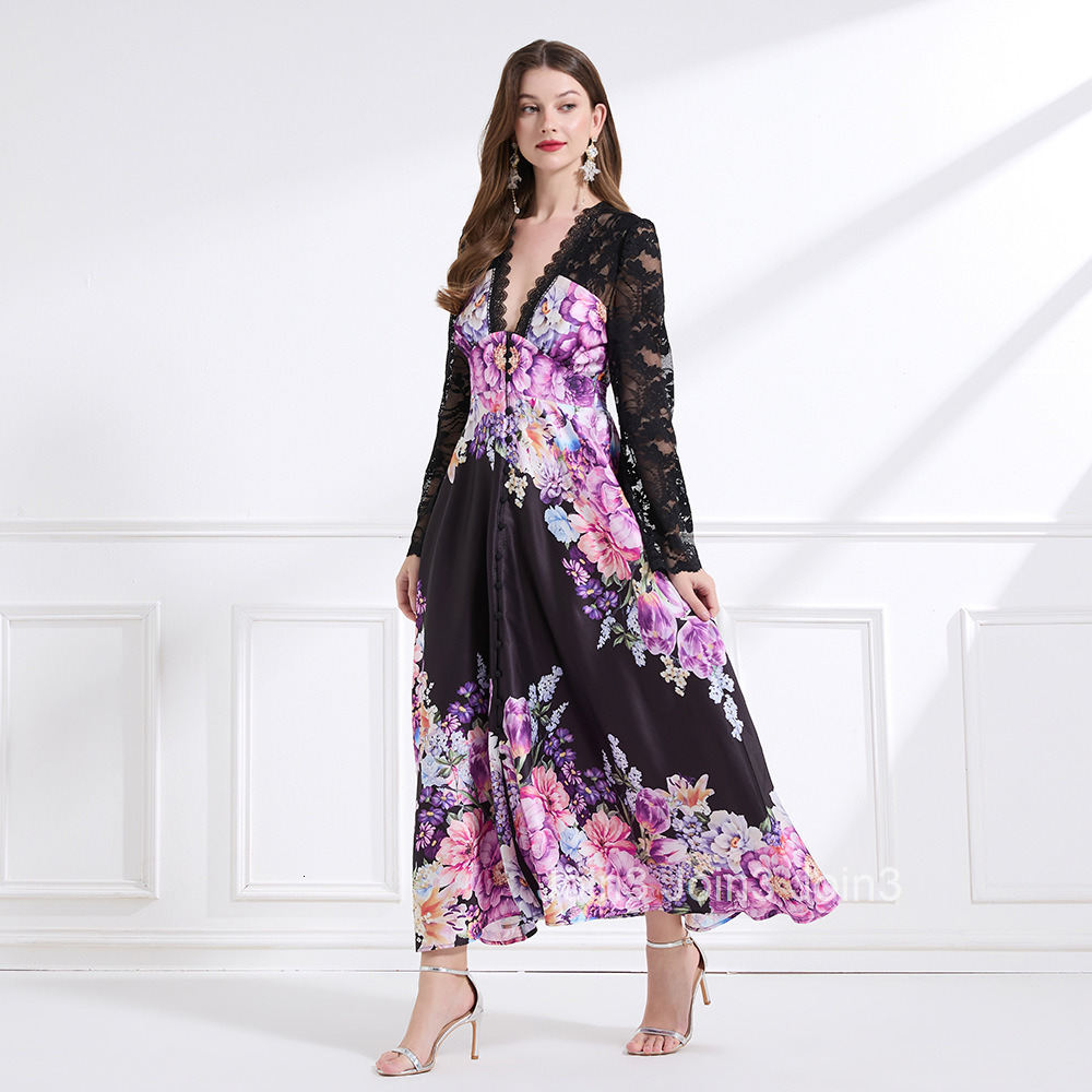 2188 Spring New Womens Fashion Elegant Vacation Style Lace Trim Patchwork Printed Waist-Cinching Long Dress
