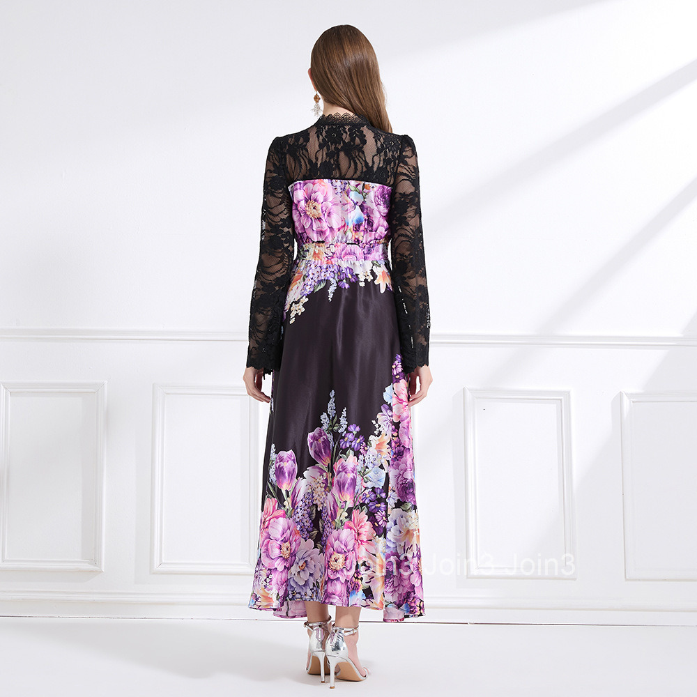 2188 Spring New Womens Fashion Elegant Vacation Style Lace Trim Patchwork Printed Waist-Cinching Long Dress