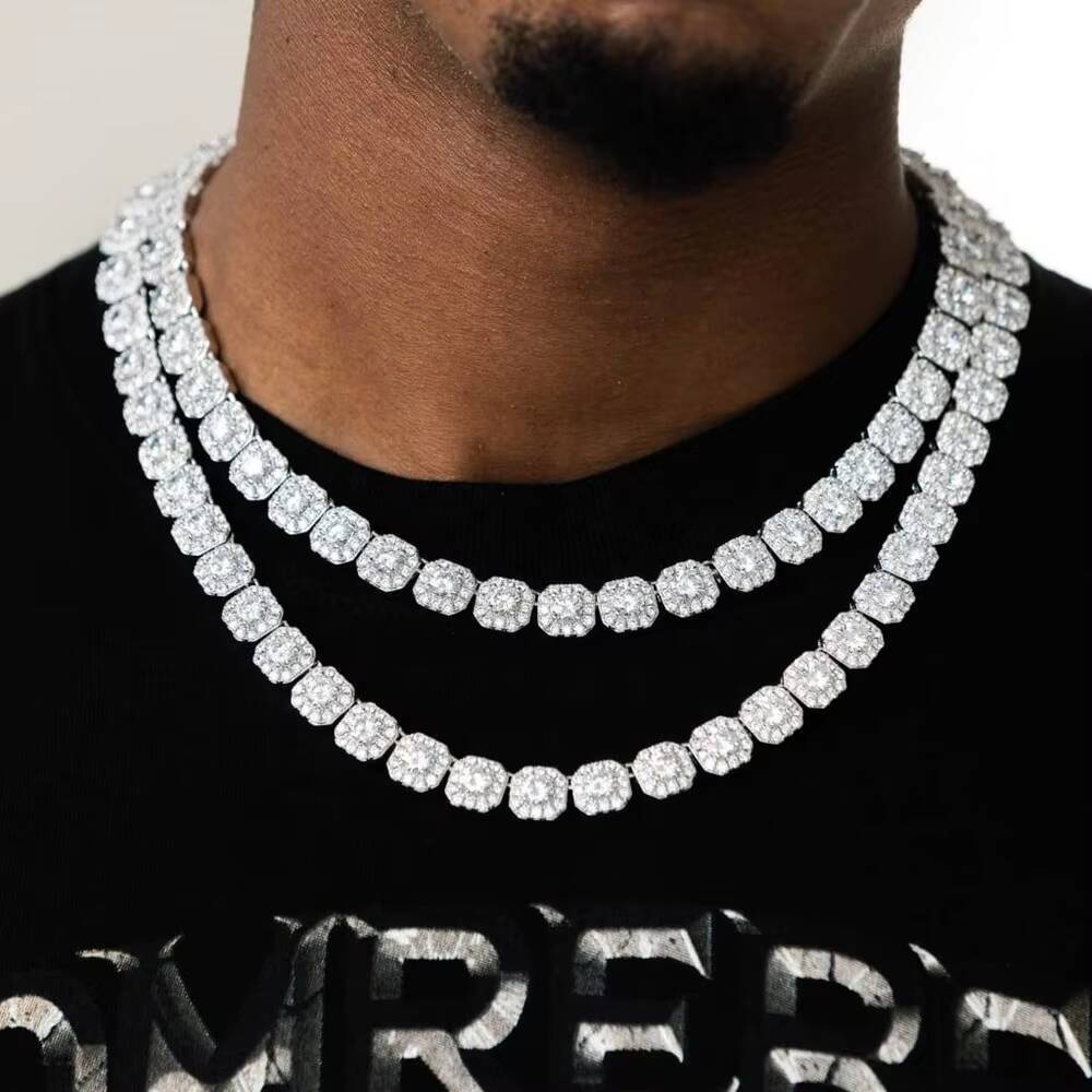 Hip Hop 8mm Clustered Iced Out Chain Necklace 925 Sterling Silver Vvs Moissanite Tennis Chain