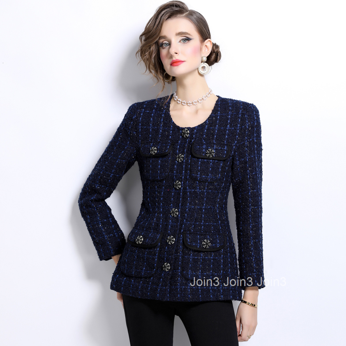 6997 autumn and winter new womens coarse woolen temperament long sleeved round neck open top single breasted jacket
