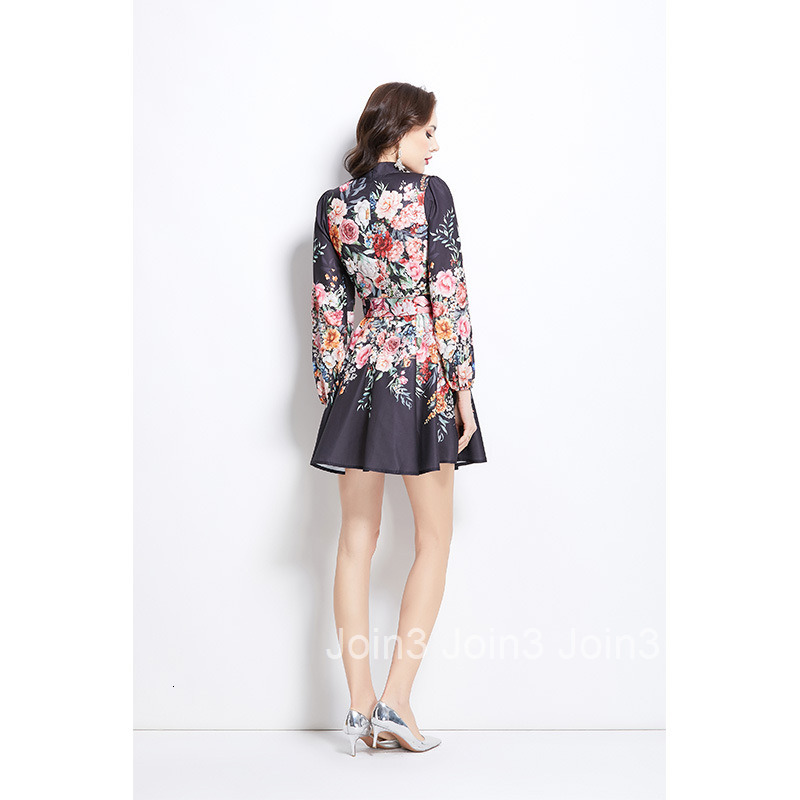 2707 Spring Summer Vacation New Floral Oil Painting Style Stand Collar Short Dress