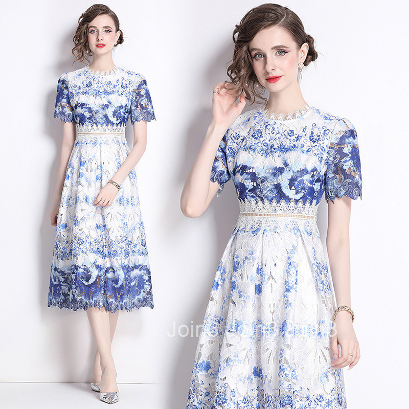 536 Summer New Womens Fashion Elegant Slim Hollow Water-Soluble Lace Printed Mid-Length Dress
