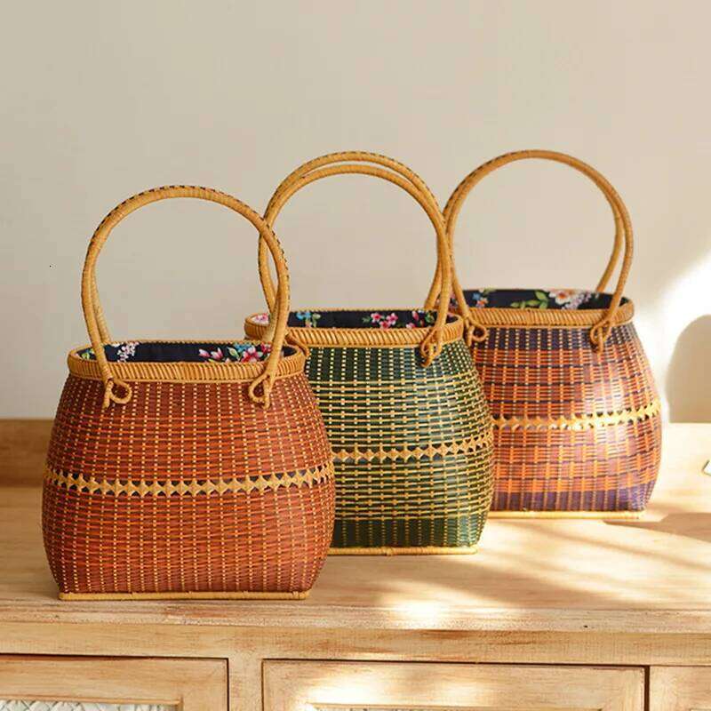 Pure Handmade Basket Exotic Style Storage Picnic Travel Hand Woven Bamboo Handbag