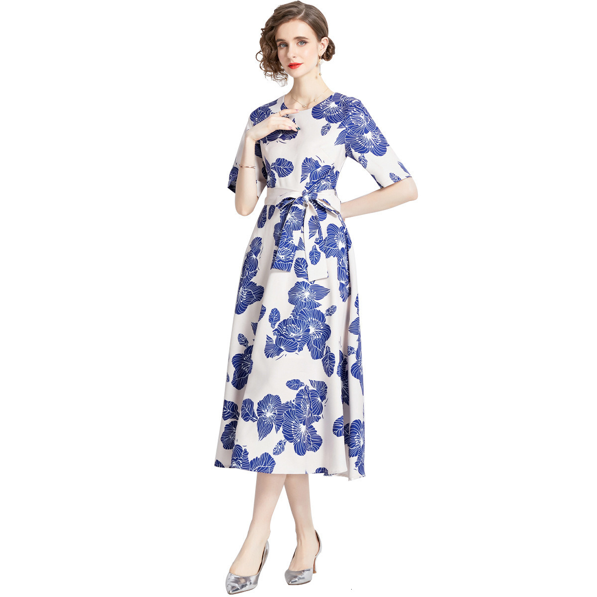9034 Summer New Womens Blue and White Porcelain Print Round Neck Waist-Cinching Fashion Slim Long Dress