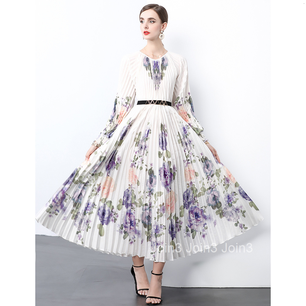 9853 autumn new womens clothing temperament printed pleated long sleeved long skirt with large swing pleated dress