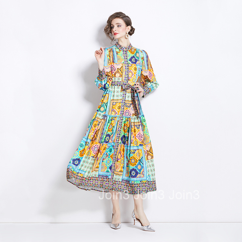 1212 Spring and Autumn New Cotton Linen Stand Collar Lantern Sleeve Printed Long Dress