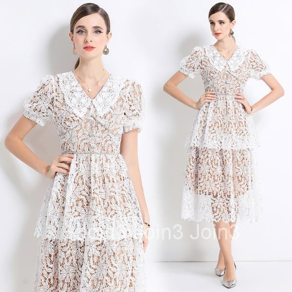 712 Short Sleeve Slimming Hollow Out Water-Soluble Lace Trim Mid-Length Dress