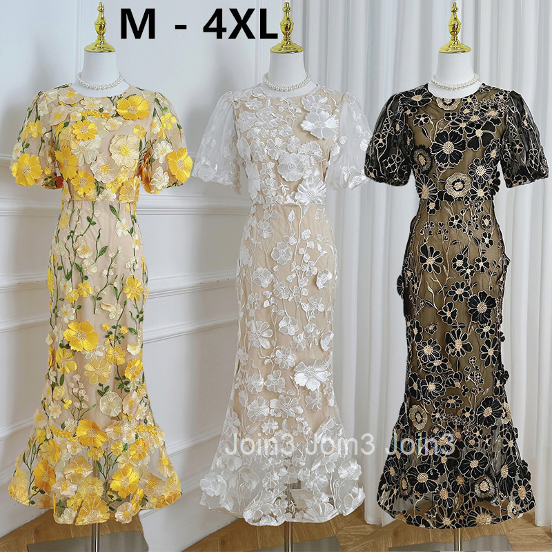 597 Heavy Craft Handmade Three-Dimensional Colorful Embroidery Puff Sleeve Bodycon Elegant Mermaid Dress