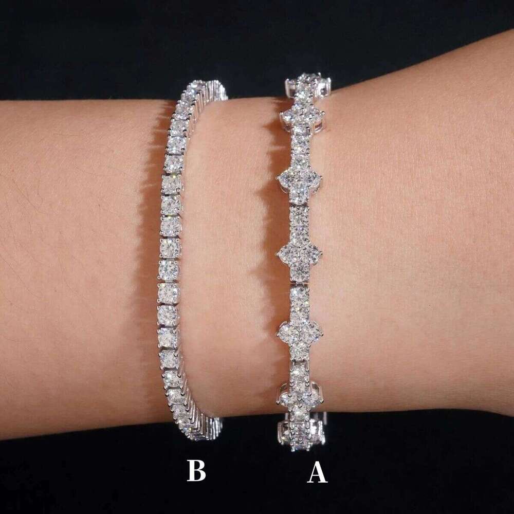 Stylish New Arrival Fashion Femme Design Sier VVS Moissanite Dia Iced Out Four Leaf Clover Cross Tennis Chain Bracelet