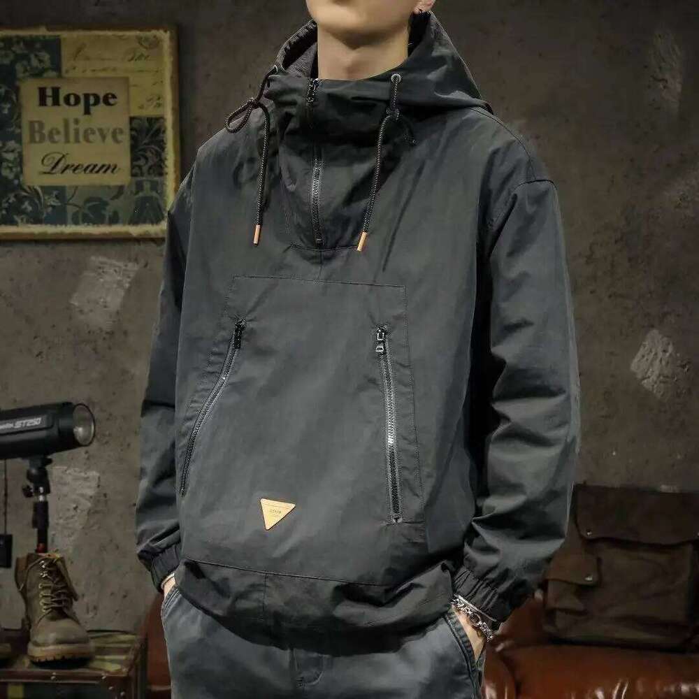 Big Size Zip-Up Hoodie Men Jacket Sweatshirt Military Windbreaker Haruku Hooded Pullover Vintage Long Sleeve Pockets Tops New