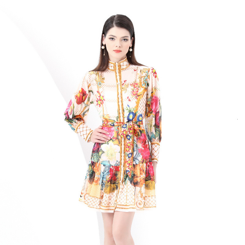 6076 Early Spring Deep Stand Collar Lantern Sleeve Wave Hem Wide Hem Painted Print Long Dress Two-Piece Set