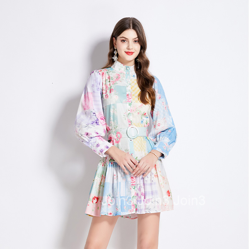 2516 Spring Summer New Womens Fashion Elegant Dress Patchwork Printed Long Sleeve Slimming Short Dress