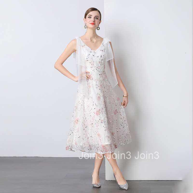 7127 Crystal Sequin Embroidered Fairy Dress Summer Collar High Waist Slim Long Dress