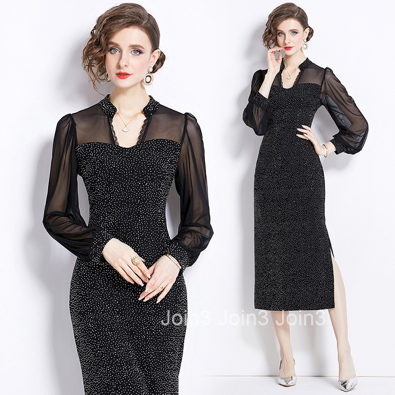 8723 Spring and Autumn New Womens Fashionable Rhinestone Patchwork Mesh Black Long Dress