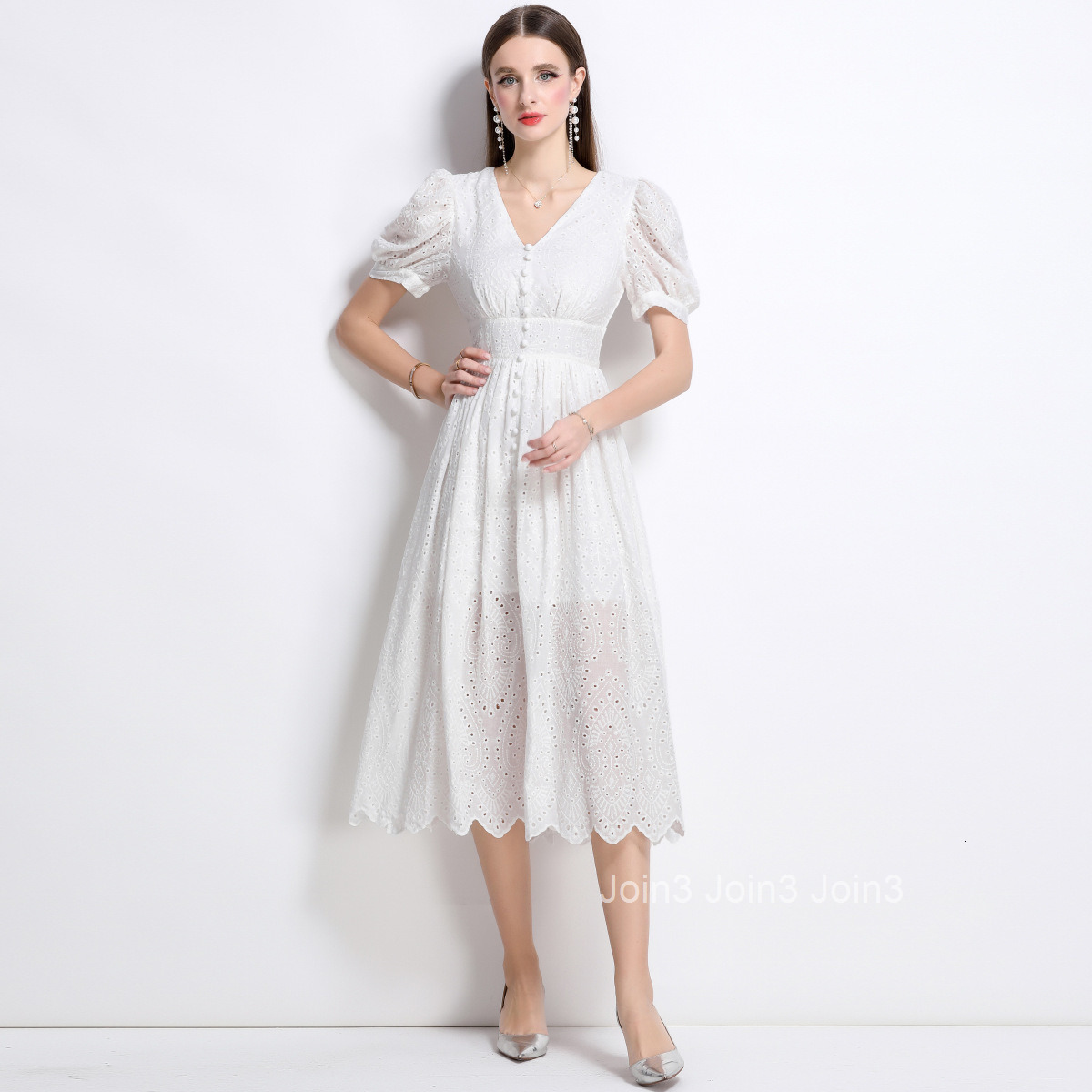 9607 French Collar Lantern Sleeve Dress for Women Single-Breasted Hollow Out Long Skirt