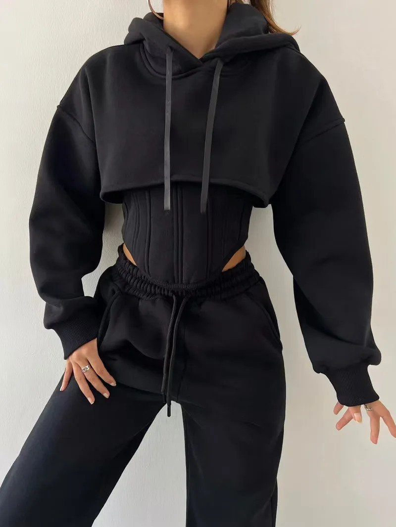 Y2K Corset and Hoodies Pants Sets Sexy Strap Crop Tops Patchwork Fishbone Bandage Corsets Casual Jogger Elastic Waist Pants Suit 250714