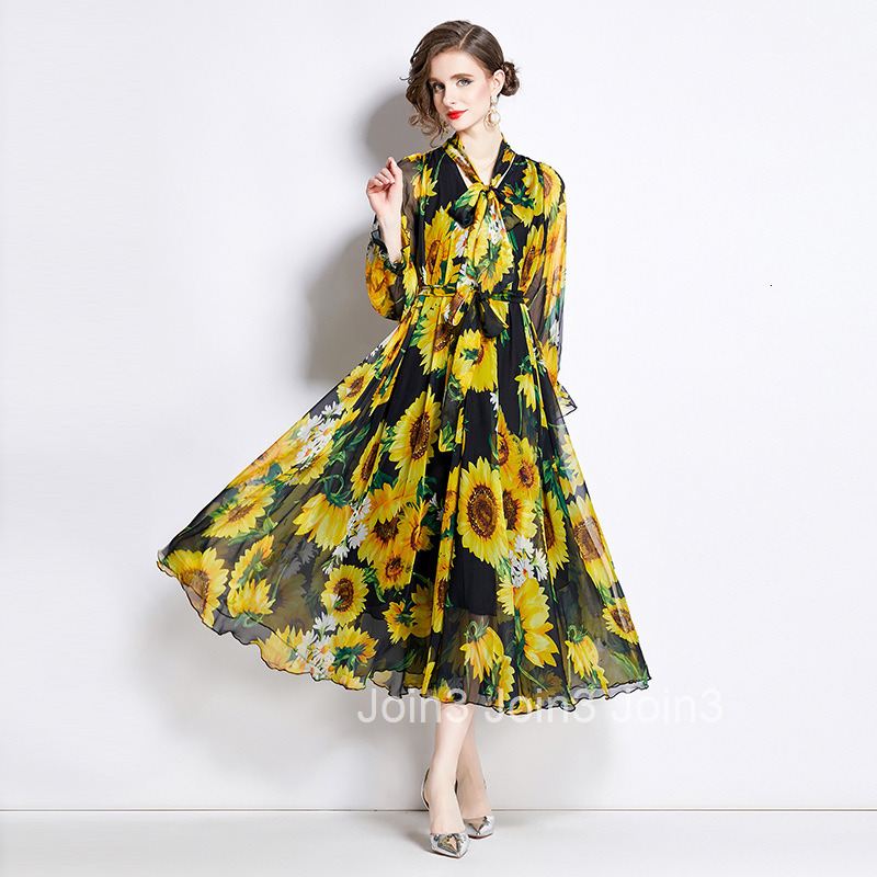 9329 Spring Summer New Womens Fashionable Chiffon Printed Long Sleeve Flared Long Dress