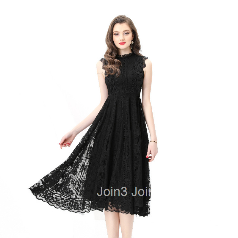 8832 Spring Summer New Womens Vacation Round Neck Gathered Lace Sleeveless Trim Midi Dress