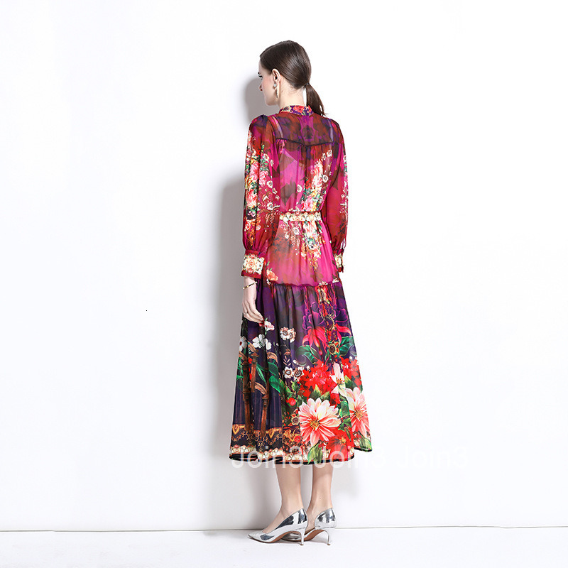 1241 Spring/Summer New Chiffon Stand up Collar Lantern Sleeve Printed Dress Long Skirt