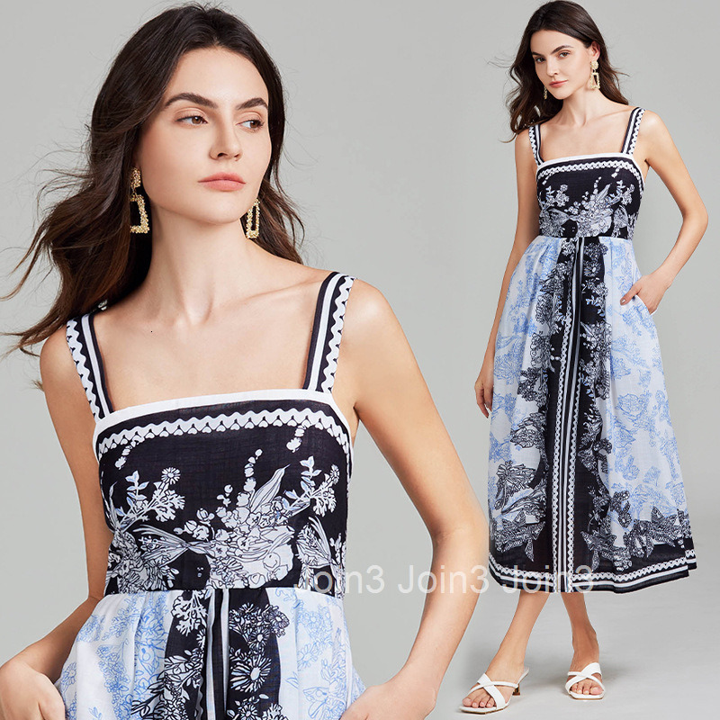 670 Summer New Womens Style Printed Sexy Strap Long A-line Large Swing Dress