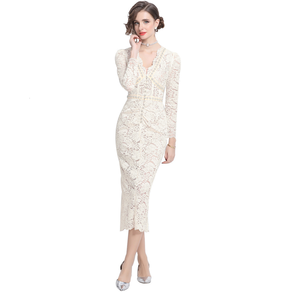 9601 Spring and Autumn New Womens Clothing Bag Hip Slimming and Slimming Hollow Lace Dress with Inner Strap Two Piece Set