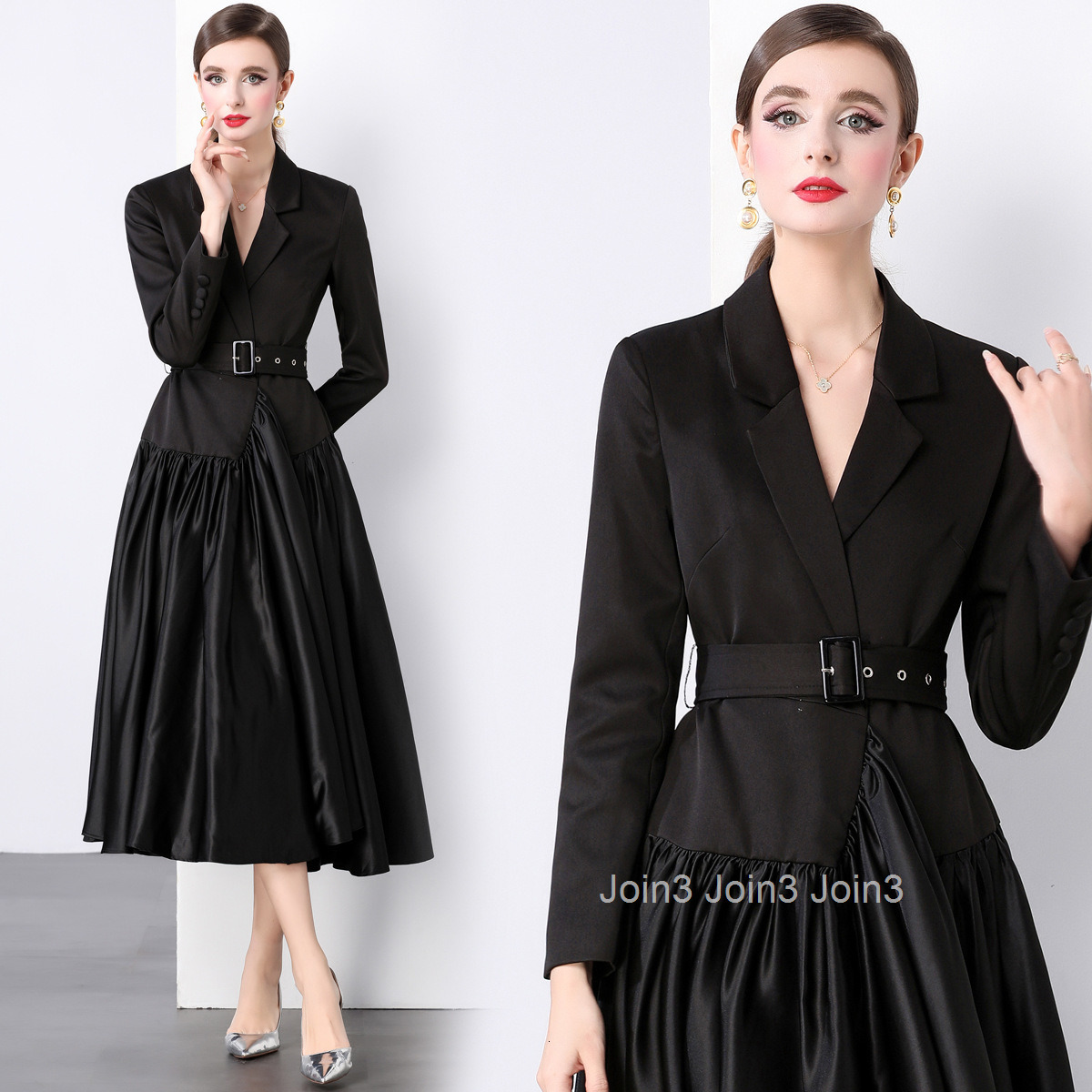 6886 Autumn New Womens Fashionable Suit Collar Long Sleeve Dress Stylish Patchwork Flared Long Dress