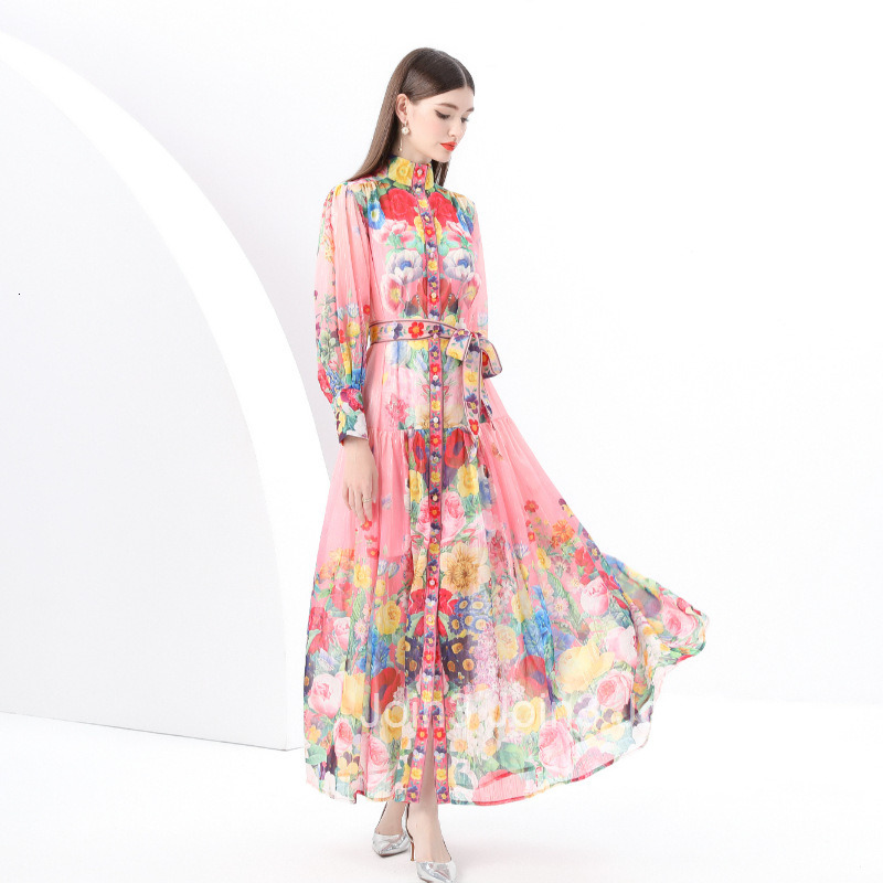 6160 Early Spring New Womens Stand up Collar Lantern Sleeve Large Swing Long Dress Printed Dress Two Piece Set