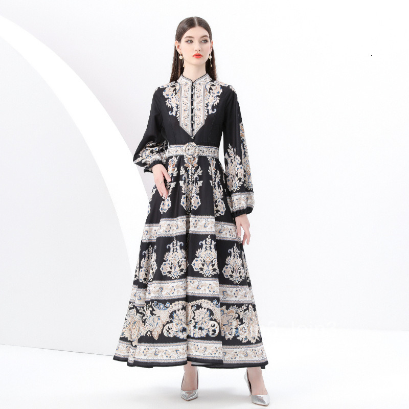 6169 Spring and Autumn New Womens Clothing Style Vacation Elegance Style Standing Collar Printed Large Swing Long Dress