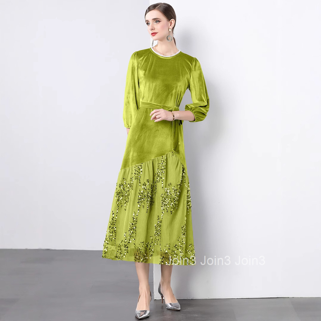 9865 temperament lace sequin spliced velvet dress