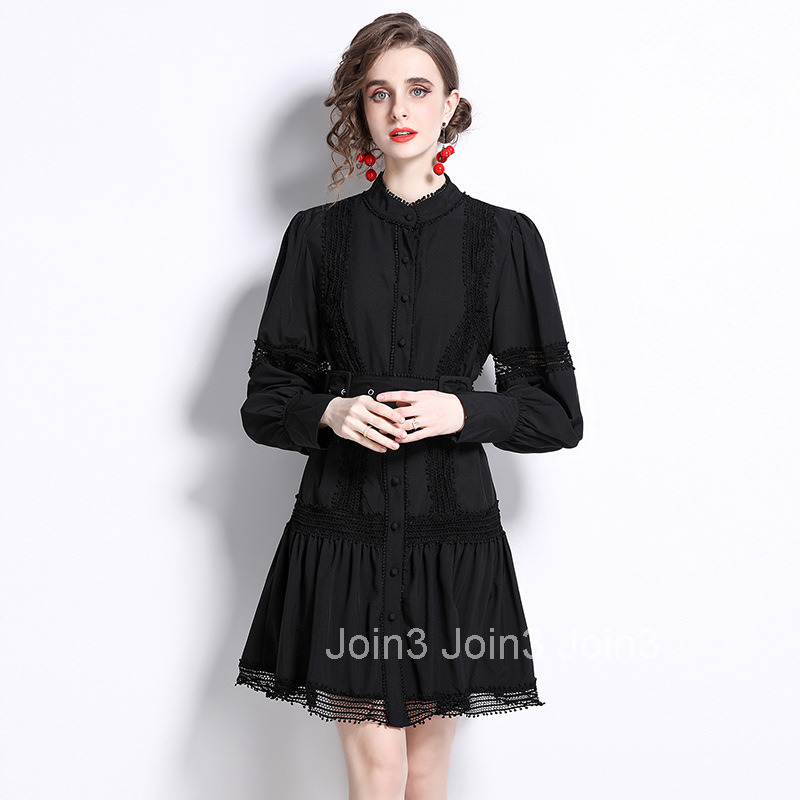 6526 New Elegant Slimming Lace Patchwork Lantern Sleeve Dress