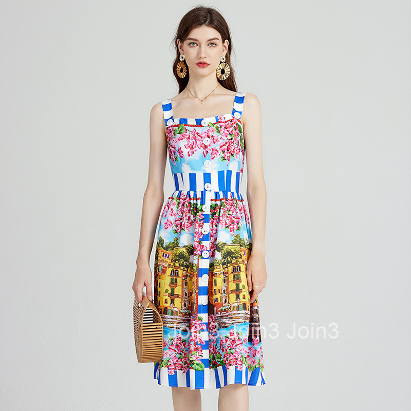 582 summer new womens temperament printed suspender dress slim fit high waist mid length A-line skirt