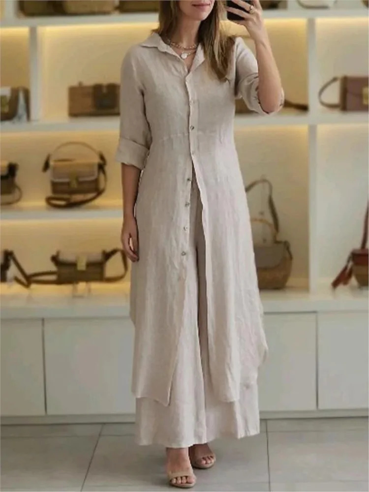 Elegant Lapel Single-breasted Long Shirt Wide-leg Pants 2-piece Set Women Fashion Solid Color Waisted Office Shirt Suit Female 250715