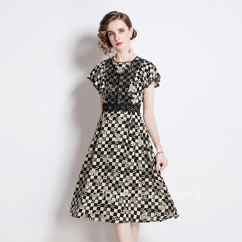 6566 Womens Summer New Plaid Print Mid-Length Dress Elegant Waist-Cinching Slimming Short Sleeve A-Line Dress