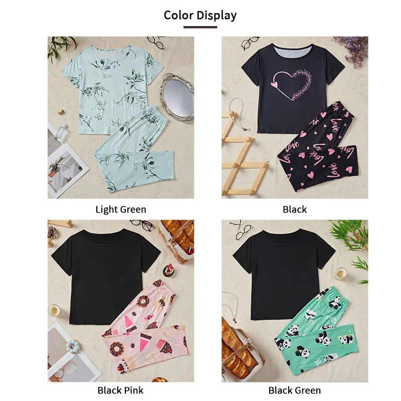 Womens Pajama Set Casual Heart print TShirt With Pants Sleepwear Loungewear Nightwear 2 Piece Sets Pijama Pajamas for women 250717