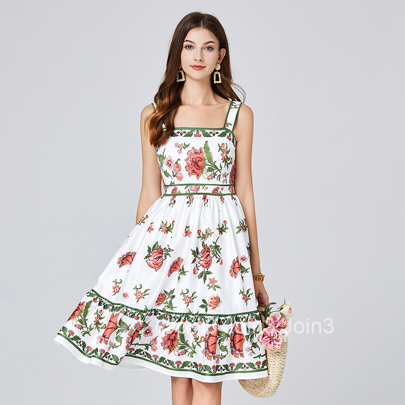 217 Summer New Womens Printed Slim Strap Dress High Waist Vest Mid-Length A-Line Dress