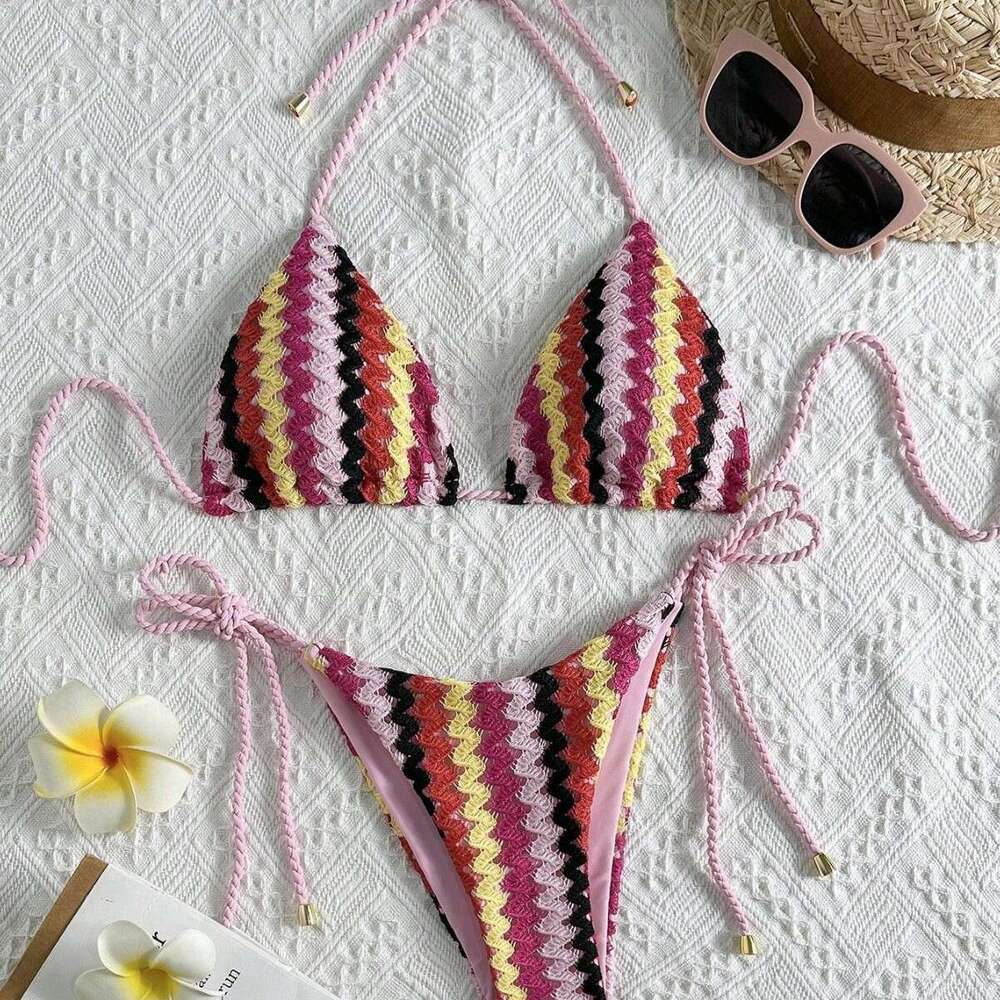 2025 New Knitted Rope Bikini Beach Women Two-Piece Tie Swimsuit