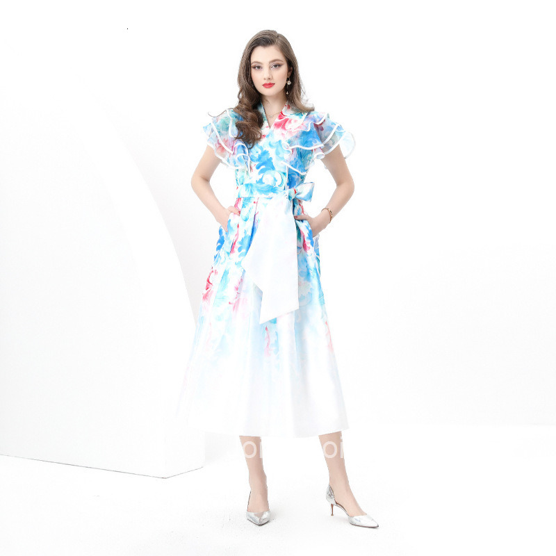 8870 Early Spring New Womens Vacation Wrap Tie V-neck Flutter Sleeve Long Dress Printed Dress