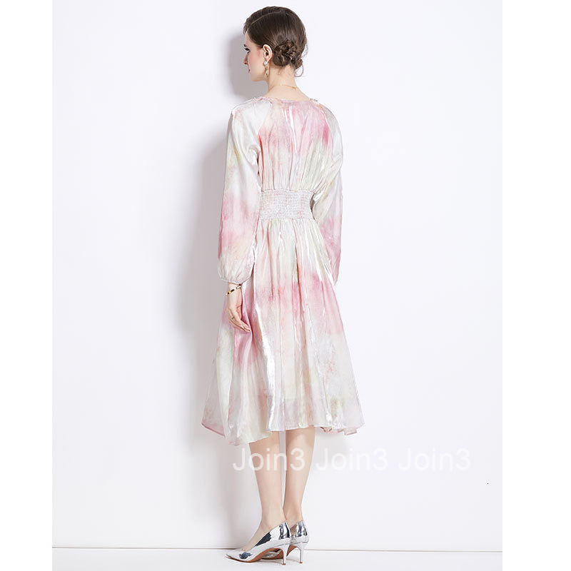 8007 Spring New Womens Fashionable Gradient Diamond Collar Lantern Sleeve V-neck Mid-length Dress