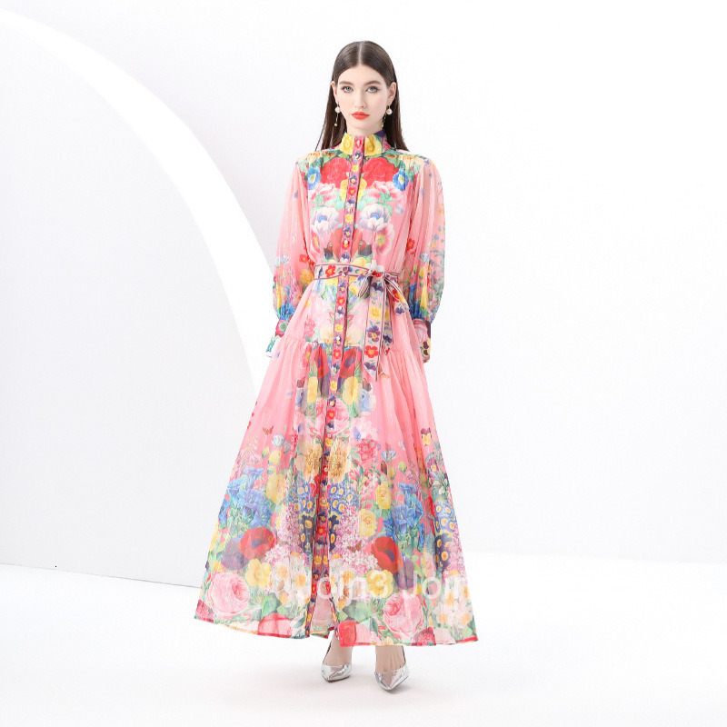 6160 Early Spring New Womens Stand up Collar Lantern Sleeve Large Swing Long Dress Printed Dress Two Piece Set