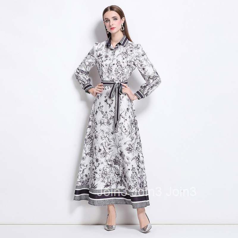 3932 Fashion Versatile Waist-Cinching Slimming Positioning Printed Dress with Belt