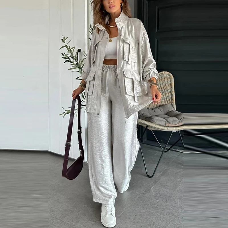 Women Casual Pockets Loose Sport Outfits Fashion Stand Collar Coats Long Pants Suits Elegant Long Sleeve Solid Color 2Pc Sets 250715