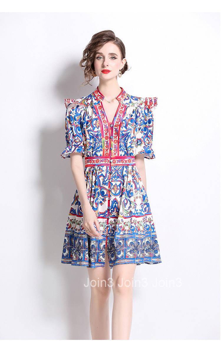 8766 Summer New Womens Fashion V-neck Horn Short sleeved Flower Porcelain Printed Dress