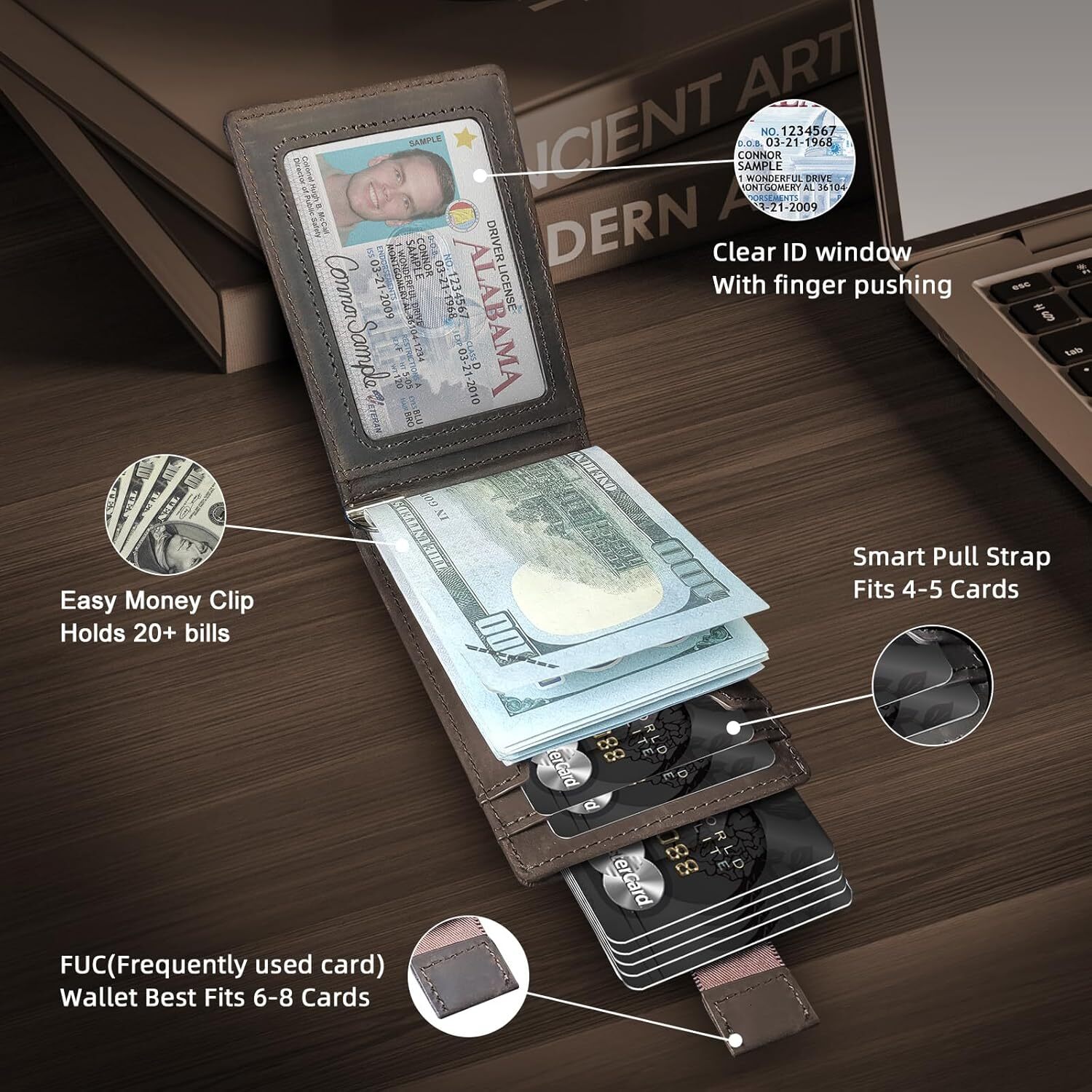 YMX Slim Minimalist Men- Money Clip Bifold RFID Blocking Genuine Leather Wallets for Men 12 Card Holder Wallet | Mens Front Pocket wallet