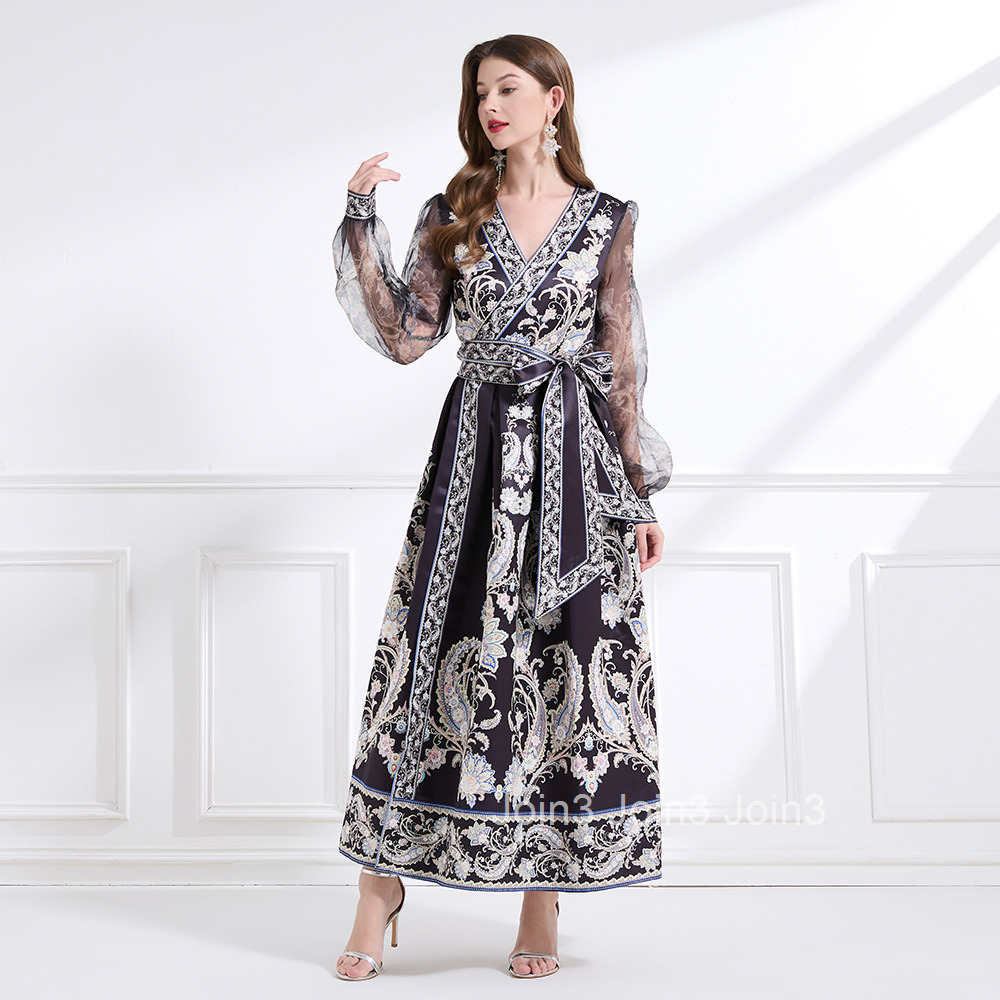 2179 Spring Holiday Style Tie Wrap Dress Lantern Sleeve Cross Neck Printed Flared Long Dress