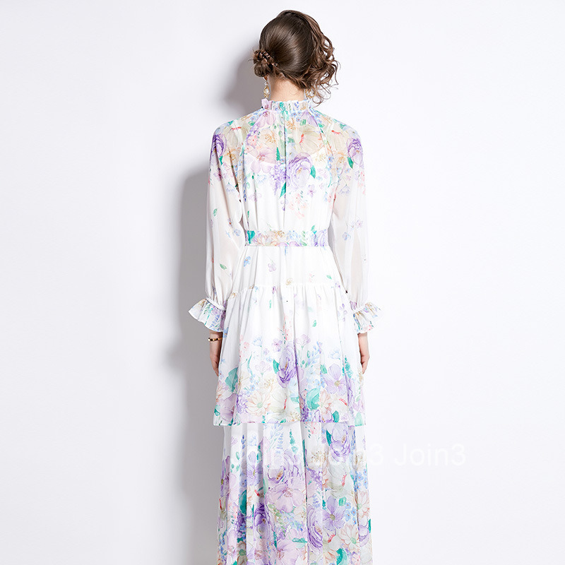 2492 Spring Summer New Womens Fashion Elegant Long Sleeve Ruffled Floral Colorful Waist-Cinching Cake Long Dress