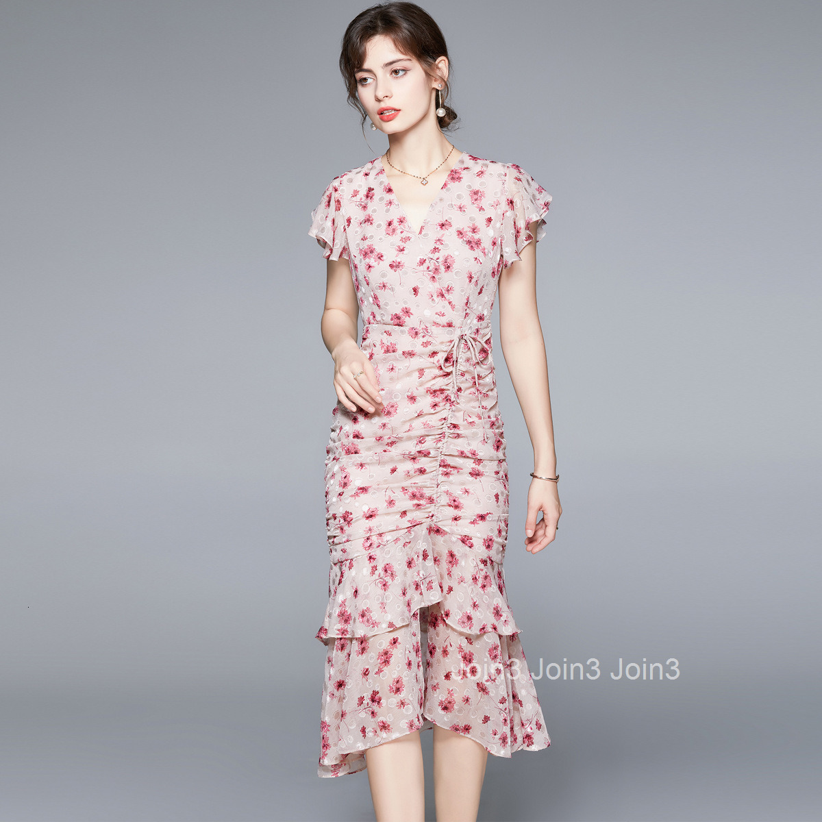 8692 summer womens wear floral V-neck Short Sleeve Ruffle waist closing to show thin temperament lady medium length dress