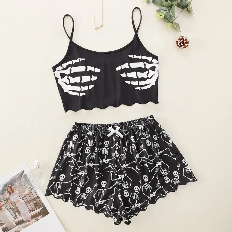 Women 2 PCS Pajama Set Sleepwear ShortSleeved Tops and Shorts Suit Black Skull Print Ventilate Soft Comfort Loungewear 250717