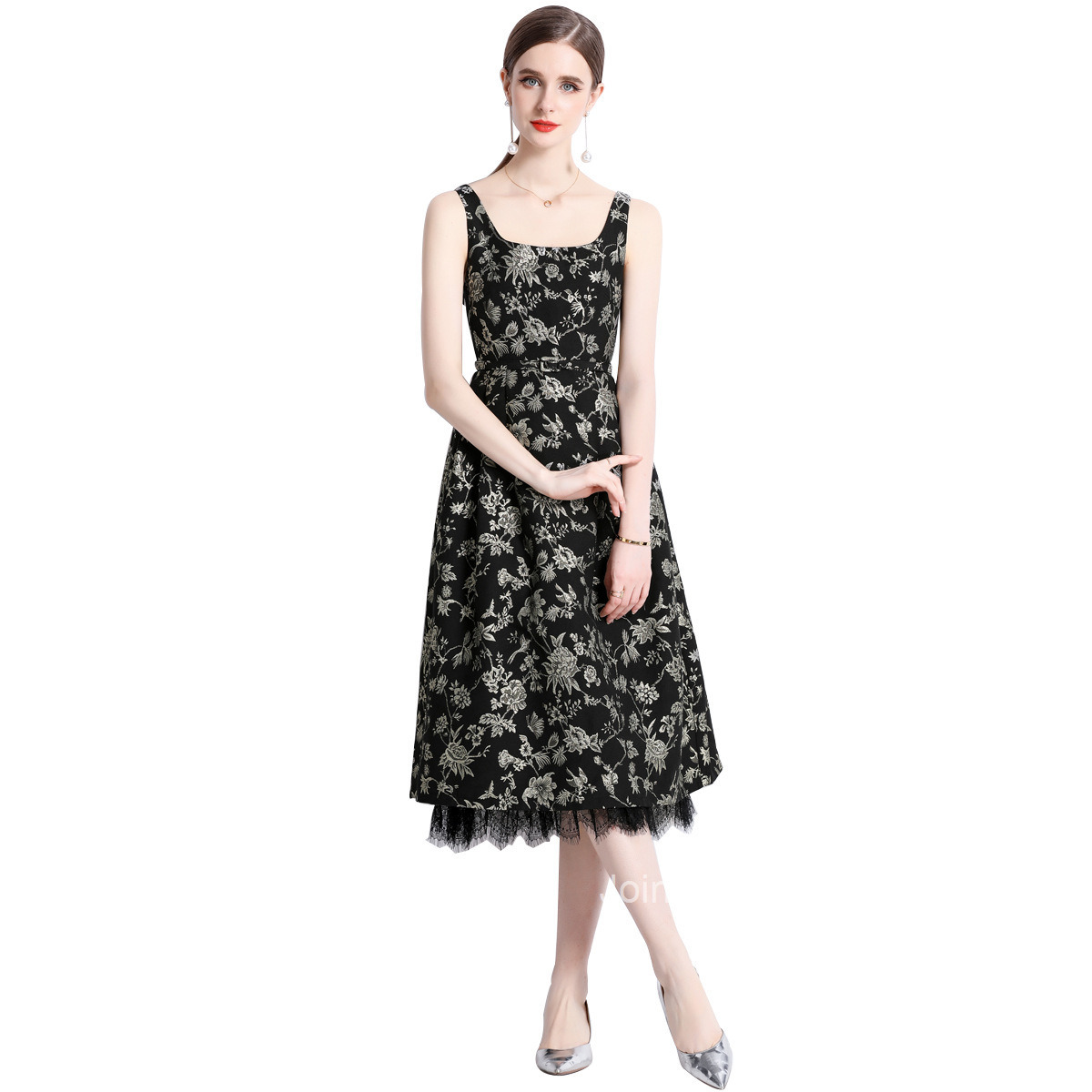 1968 Summer New Womens Fashion Elegant Jacquard Strap Waist Slimming Flared Mid-Length Dress