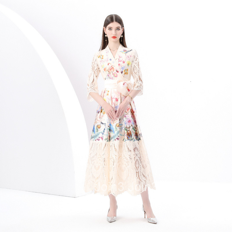 6141 Early Spring New Style Bodycon Tie V-neck Elegant Long Dress Lace Patchwork Printed Dress