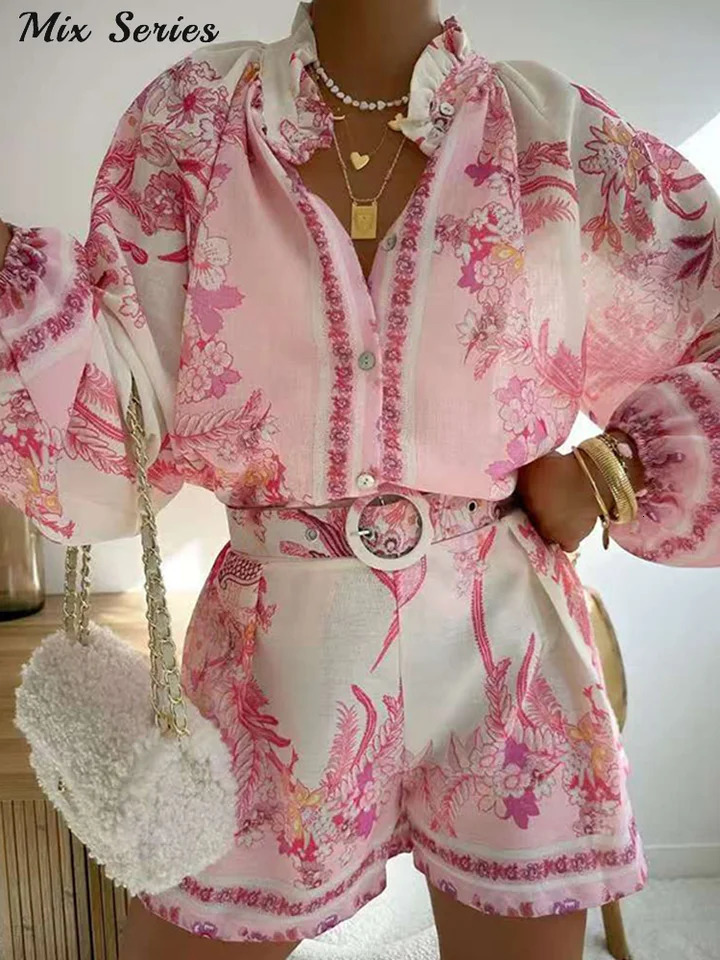 Casual Print Tops Shorts Sets Loose Stand Collar Lantern Sleeve Top High Waist Short Pant 2025 Summer Lady Vacation Suit 250717